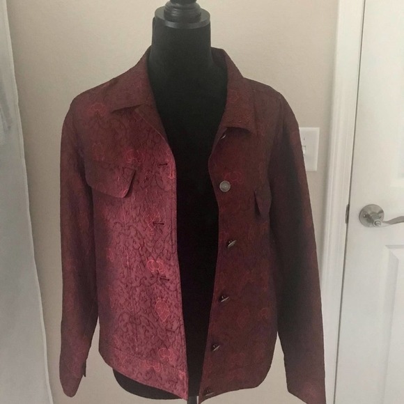 J Jill Red Floral Jacquard Embossed Trucker Jacket - Picture 3 of 4